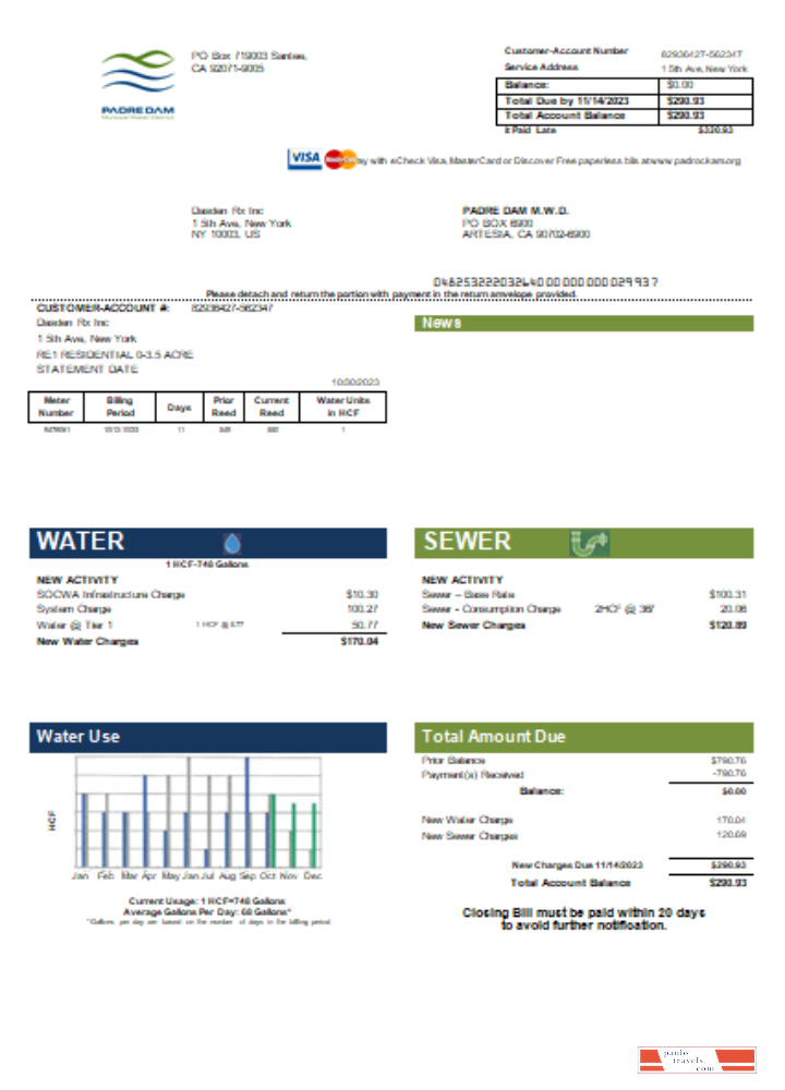 Padre Dam Municipal Water District utility business bill, SCR PSD template
